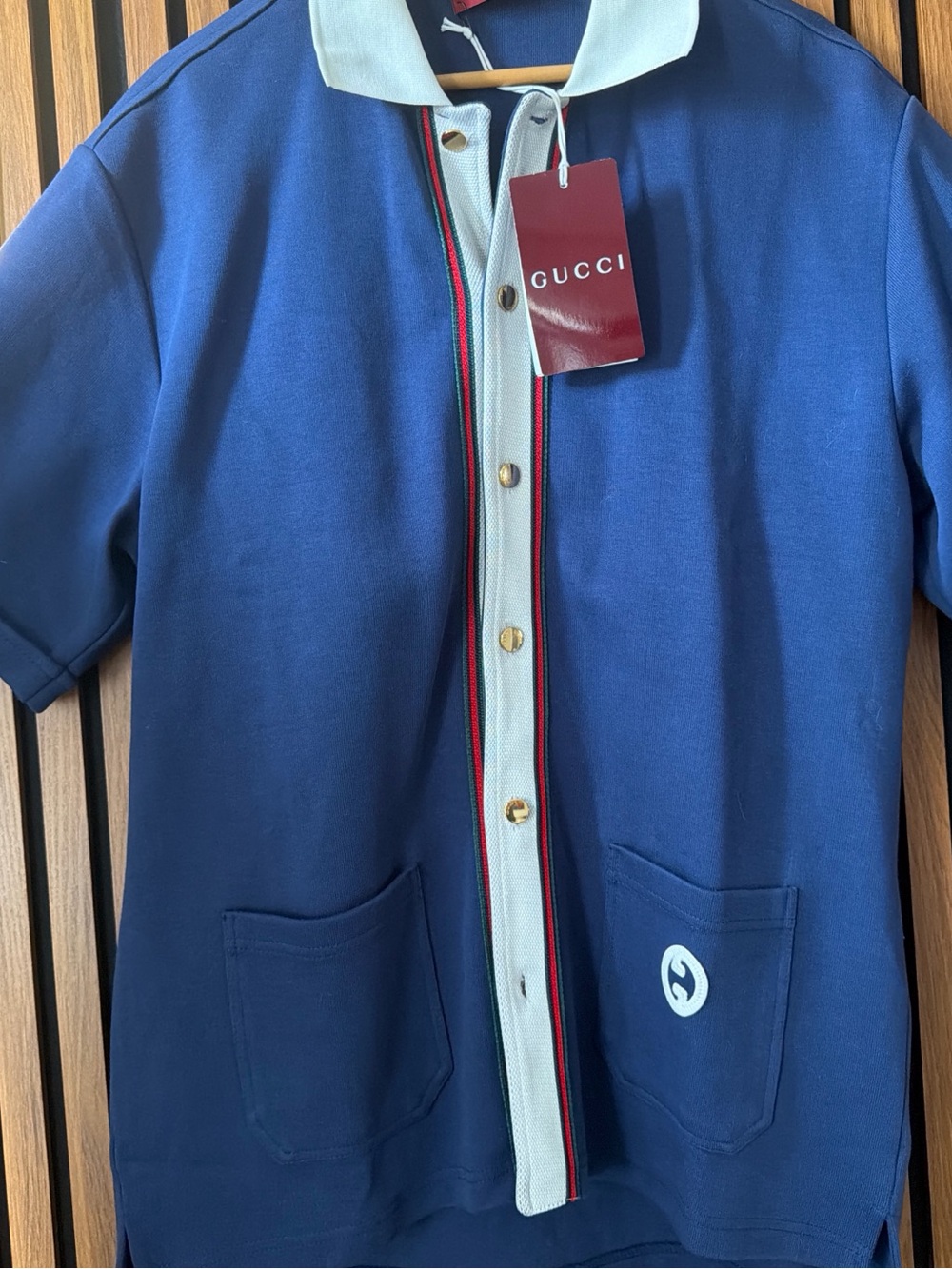 Gucci Navy Polo Cardigan with Red-Green Stripe and White Collar